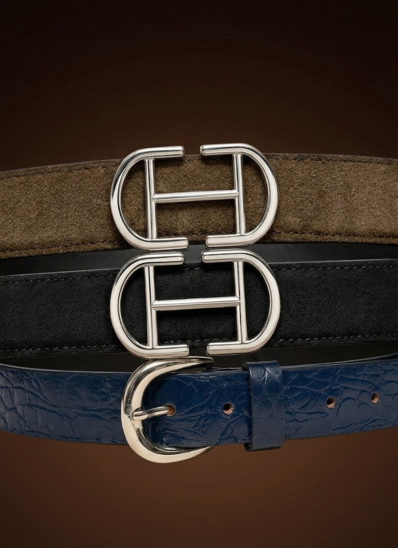 detailed close-up of three stacked men's leather belts: one in brown suede, one in black suede, and one in blue crocodile-patterned leather, all with polished silver interlocking h-shaped buckles.