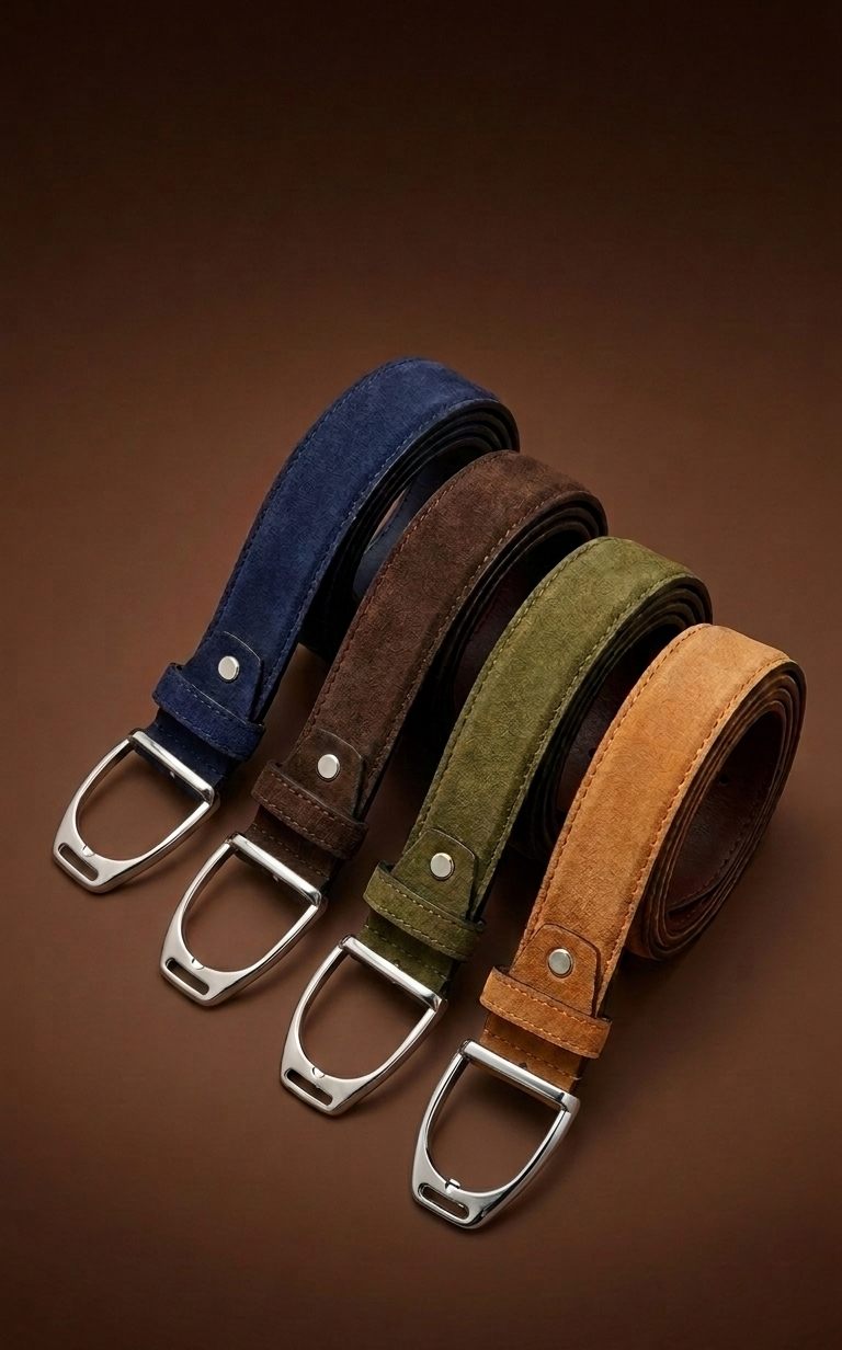 detailed close-up of three stacked men's leather belts: one in brown suede, one in black suede, and one in blue crocodile-patterned leather, all with polished silver interlocking h-shaped buckles.