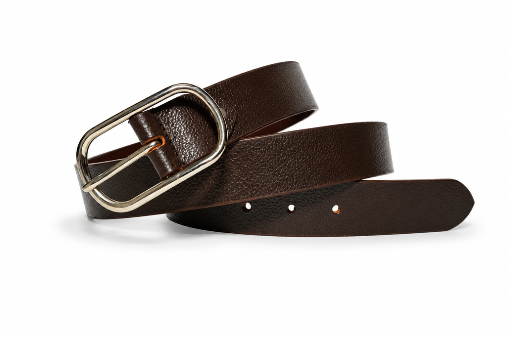 HIFS CUIR Chestnut Pebbled-Grain Leather Belt Coiled View with Silver Oval Buckle on White Background