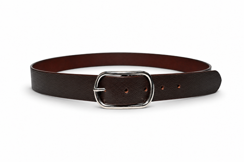 HIFS CUIR Chestnut Pebbled-Grain Leather Belt Fastened Front View with Silver Oval Buckle on White Background