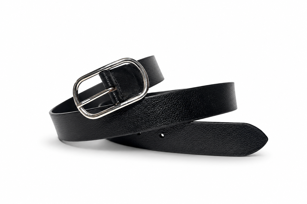 HIFS CUIR Classic Full-Grain Leather Belt Coiled View with Silver Oval Buckle on White Background