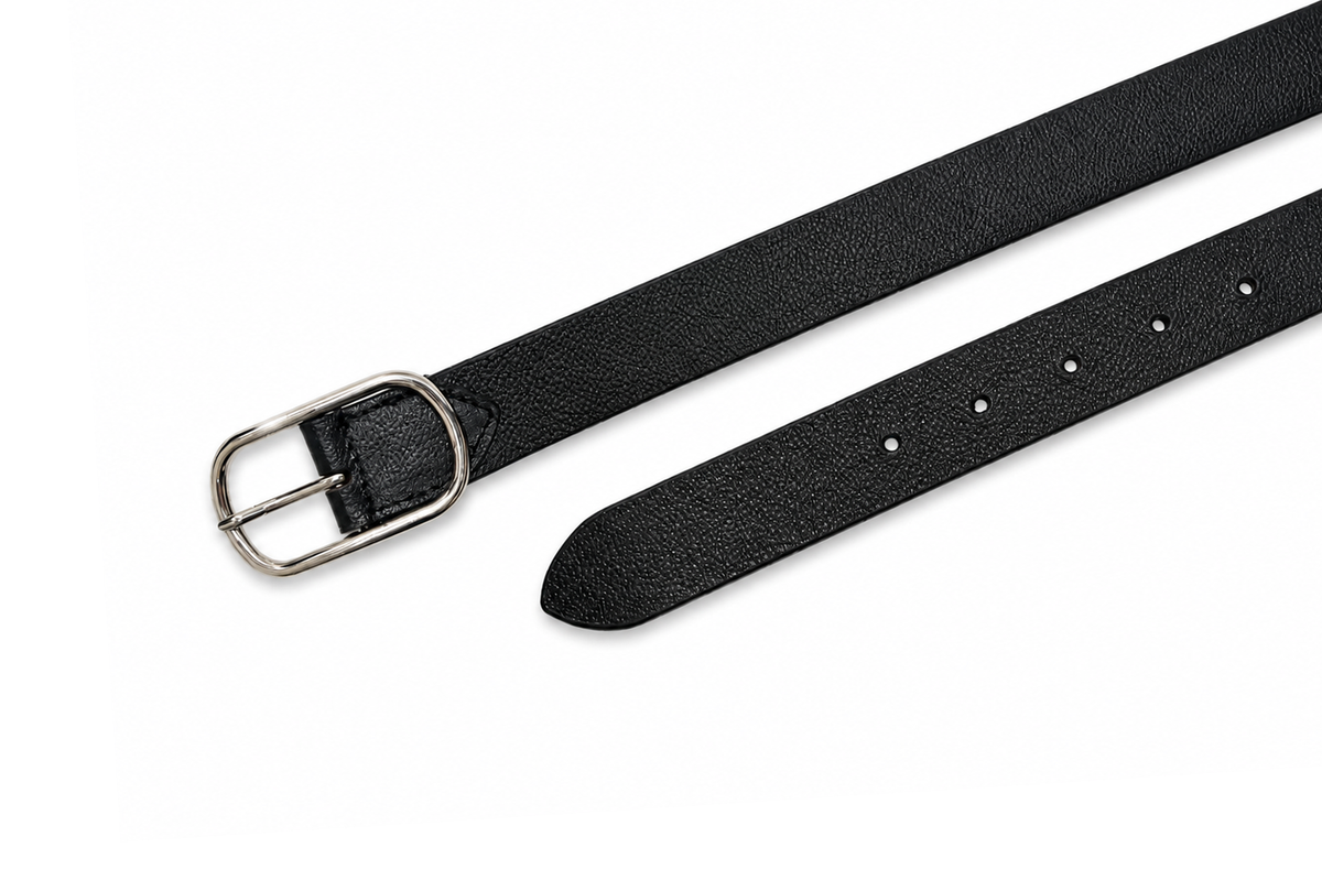 HIFS CUIR Classic Full-Grain Leather Belt Flat Lay Detail View Showing Silver Oval Buckle and Adjuster Holes on White Background