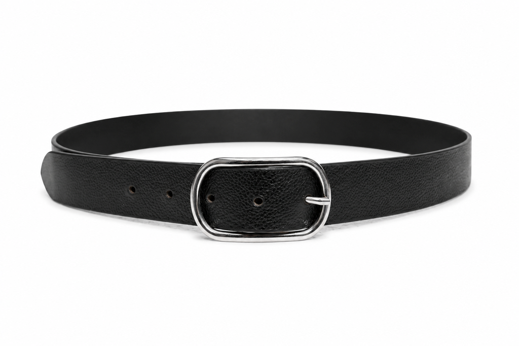 HIFS CUIR Classic Full-Grain Leather Belt Fastened Front View with Silver Oval Buckle on White Background
