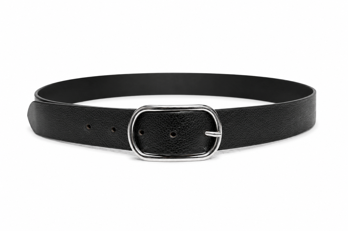 HIFS CUIR Classic Full-Grain Leather Belt Fastened Front View with Silver Oval Buckle on White Background