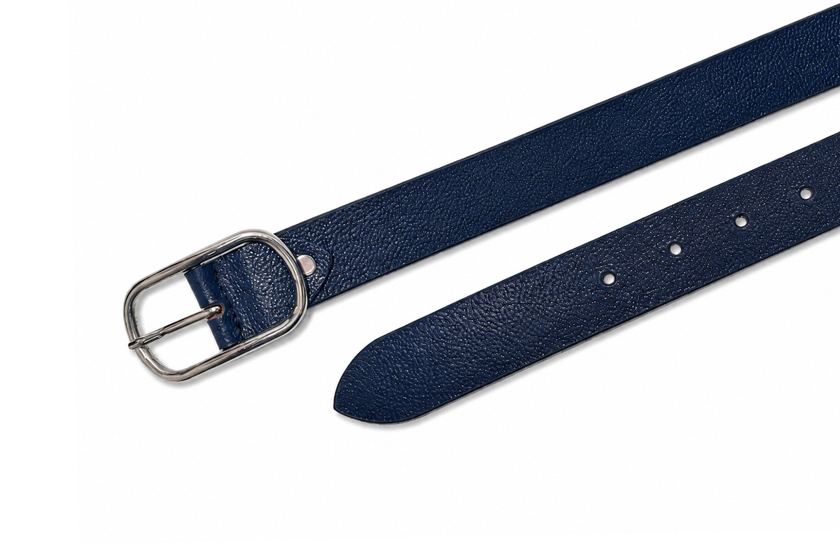HIFS CUIR Sapphire Navy Pebbled-Grain Leather Belt Flat Lay Detail View Showing Silver Oval Buckle and Adjuster Holes on White Background