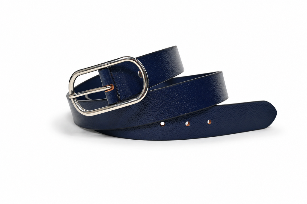 HIFS CUIR Sapphire Navy Pebbled-Grain Leather Belt Coiled View with Silver Oval Buckle on White Background