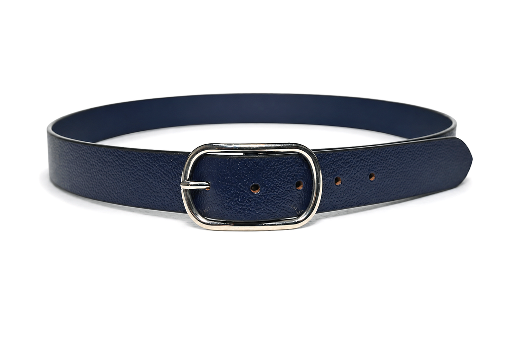 HIFS CUIR Sapphire Navy Pebbled-Grain Leather Belt Fastened Front View with Silver Oval Buckle on White Background