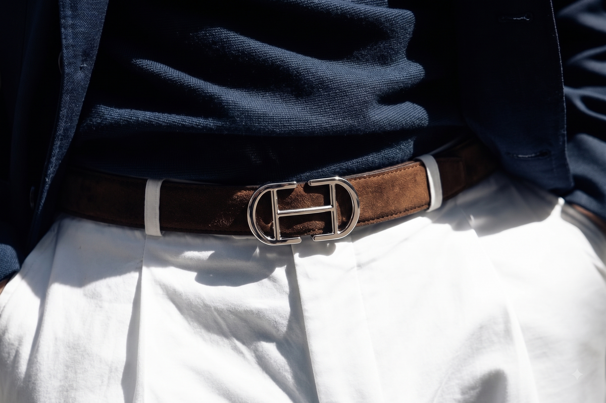 A close-up of a person wearing a brown suede belt with a prominent silver-tone H-shaped buckle, styled with a navy shirt and white trousers.