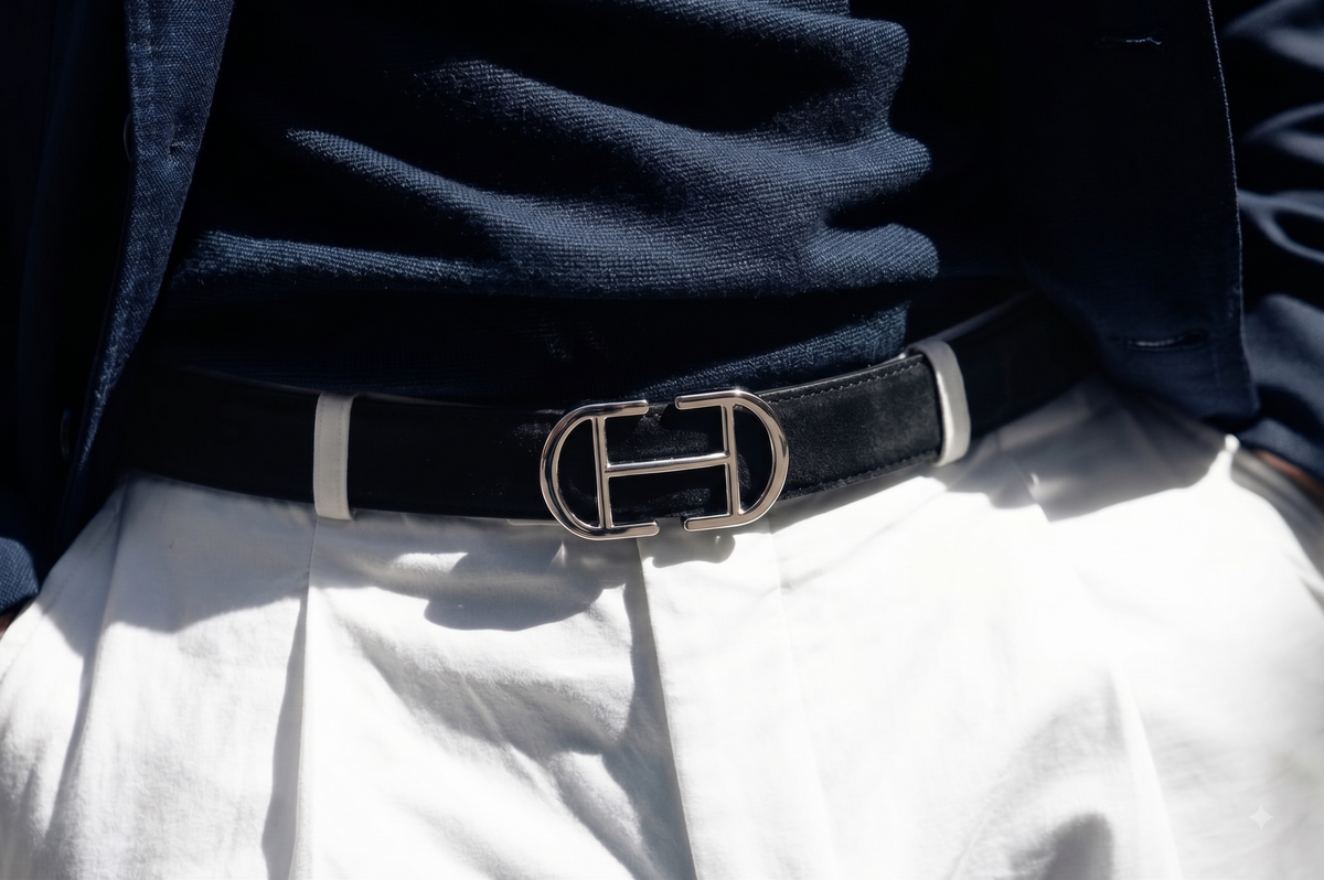 A close-up shot of a black leather belt with a polished silver-tone double-H buckle, worn by a person in a navy blazer and white trousers.