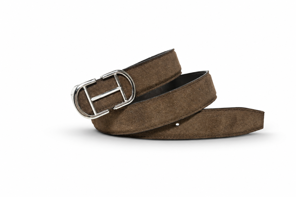 HIFS CUIR Heritage Brown Suede Leather Belt Coiled View with Silver H Buckle on White Background