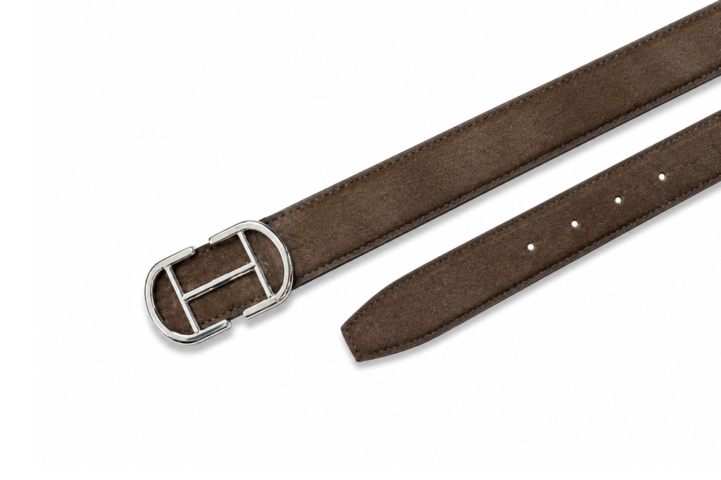 HIFS CUIR Heritage Brown Suede Leather Belt Flat Lay Detail View Showing Silver H Buckle and Adjuster Holes on White Background
