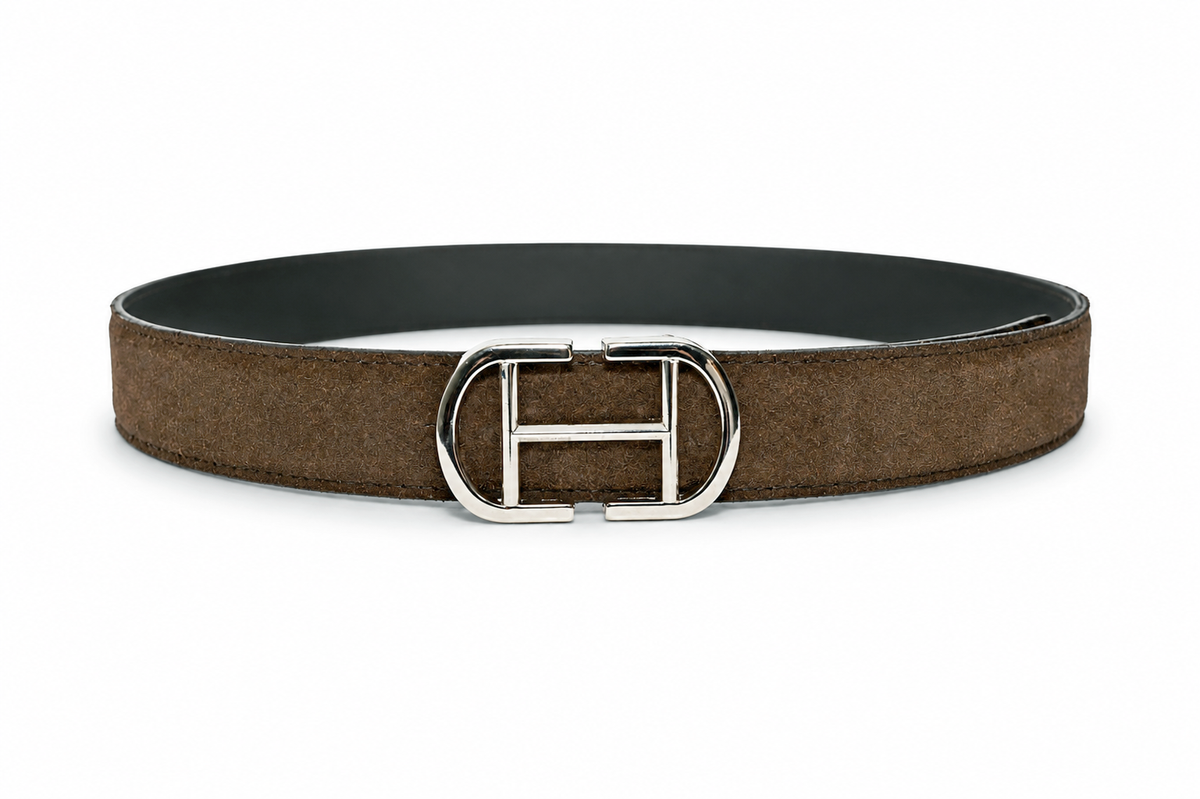 HIFS CUIR Heritage Brown Suede Leather Belt Fastened Front View with Silver H Buckle on White Background