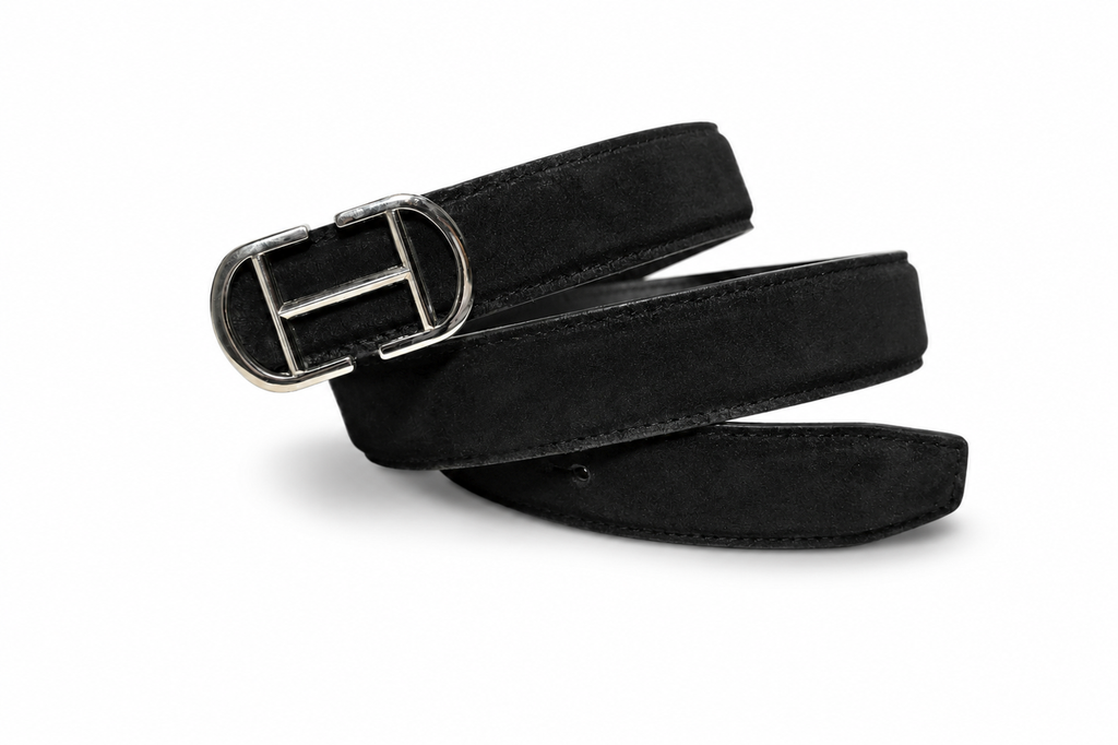 HIFS CUIR Midnight Black Suede Leather Belt Coiled View with Silver Buckle on White Background