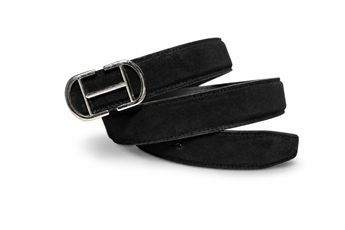 HIFS CUIR Midnight Black Suede Leather Belt Coiled View with Silver Buckle on White Background