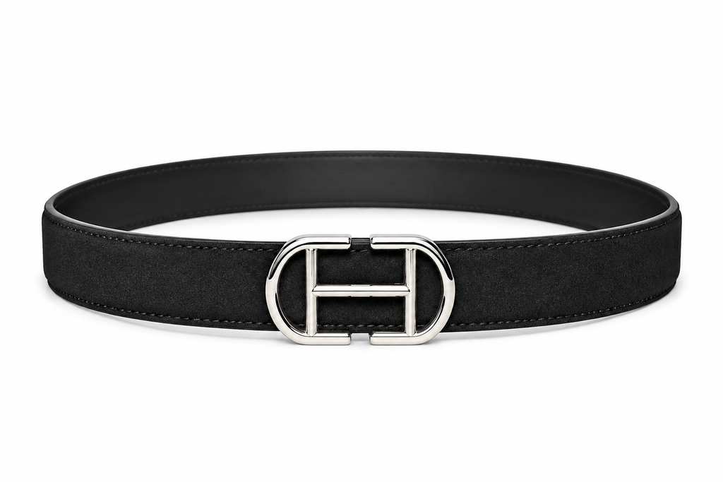 HIFS CUIR Midnight Black Suede Leather Belt Fastened Front View with Silver Buckle on White Background