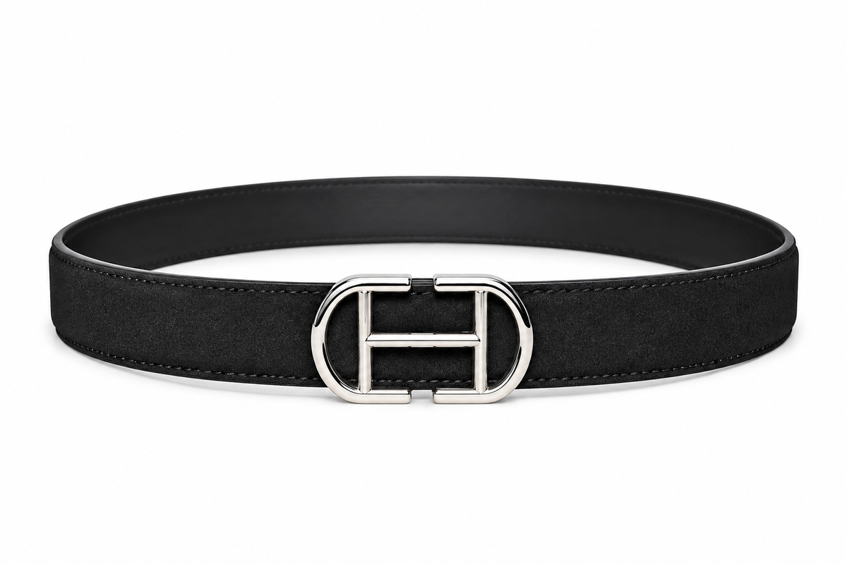 HIFS CUIR Midnight Black Suede Leather Belt Fastened Front View with Silver Buckle on White Background