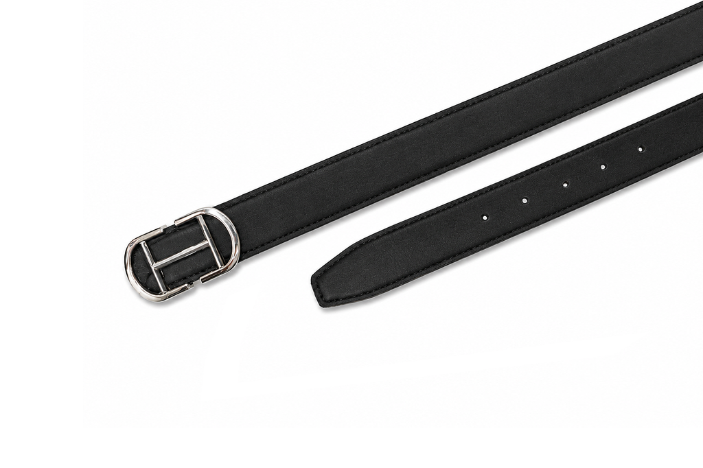 HIFS CUIR Midnight Black Suede Leather Belt Flat Lay Detail View Showing Silver Buckle and Adjuster Holes on White Background