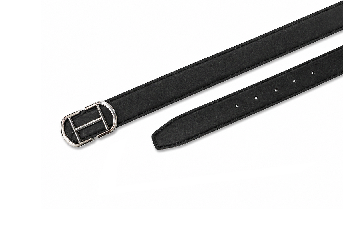 HIFS CUIR Midnight Black Suede Leather Belt Flat Lay Detail View Showing Silver Buckle and Adjuster Holes on White Background