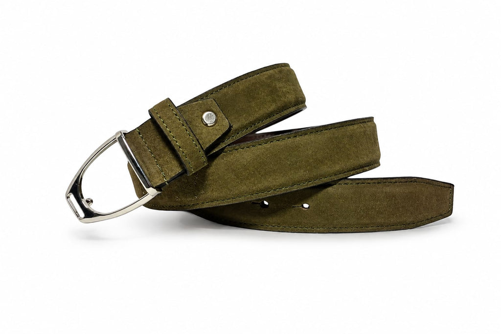 HIFS CUIR Mosswood Olive Suede Leather Belt Coiled View with Silver Horseshoe Buckle on White Background