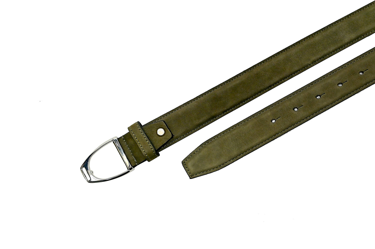 HIFS CUIR Mosswood Olive Suede Leather Belt Flat Lay Detail View Showing Silver Horseshoe Buckle and Adjustment Holes on White Background
