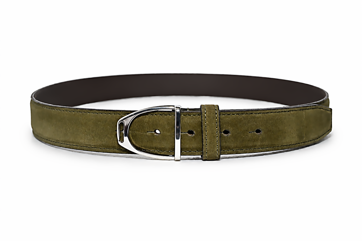 HIFS CUIR Mosswood Olive Suede Leather Belt Fastened Front View with Silver Horseshoe Buckle on White Background