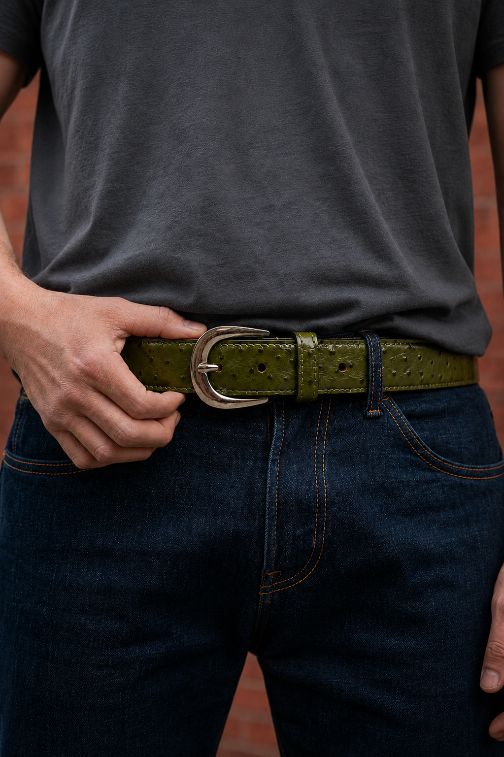 Olivewood Ostrich-Textured Leather Belt